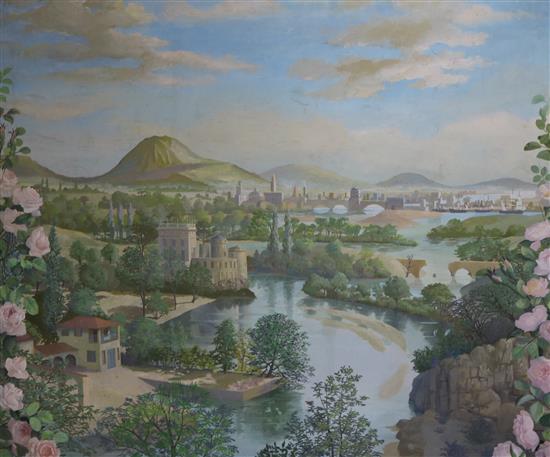 British School mid 20th century, Romantic Italianate landscape with roses to the sides, oil on canvas, 116 x 136cm